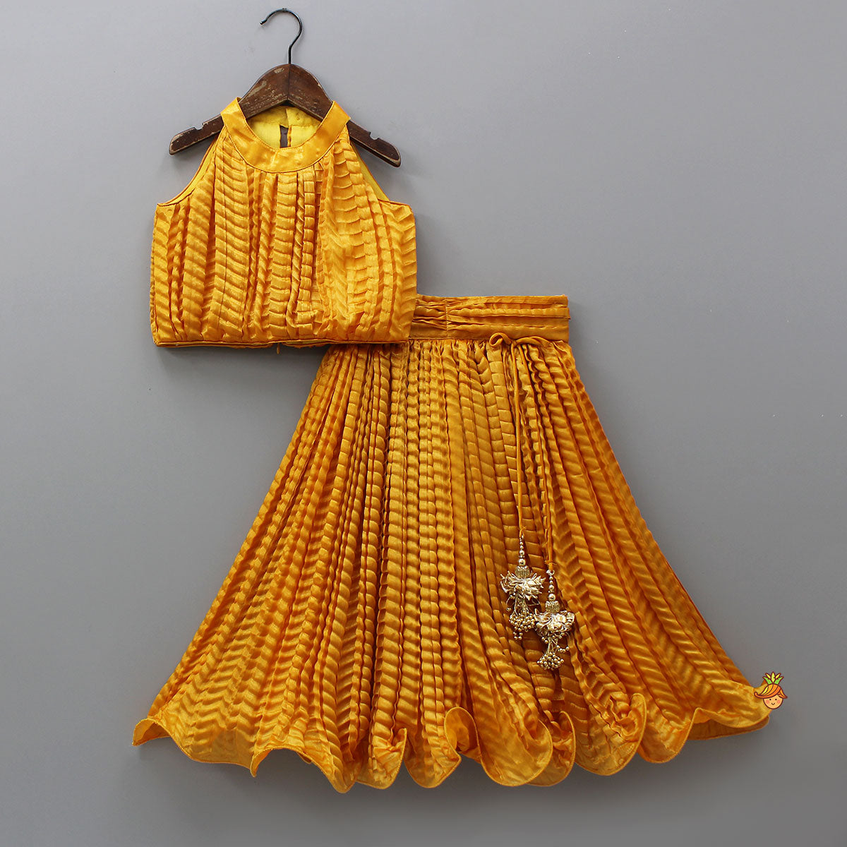 Pre Order: Beautiful Yellow Shimmery Halter Neck Top With Lehenga
