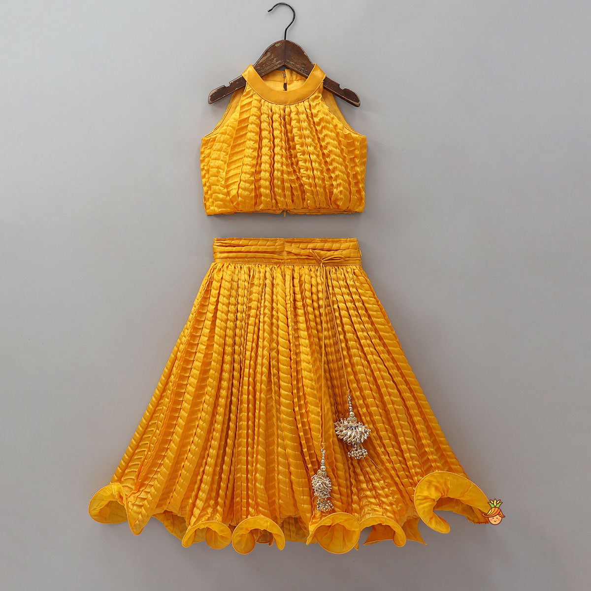 Pre Order: Beautiful Yellow Shimmery Halter Neck Top With Lehenga