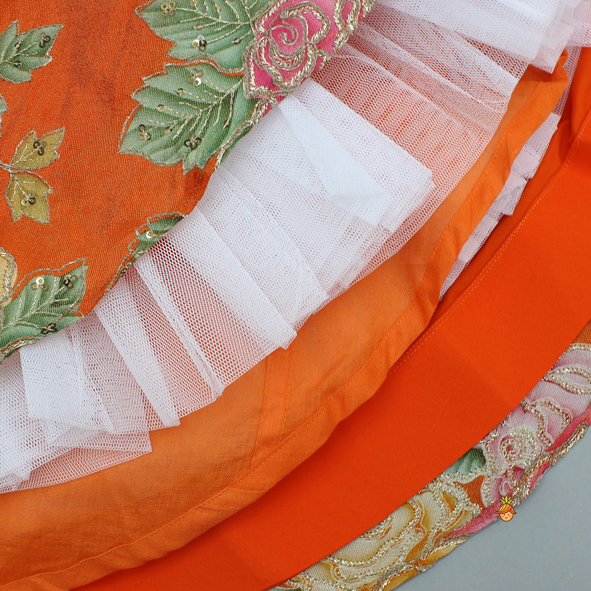 Pre Order: Elegant Orange Floral Printed Top With Lehenga And Dupatta