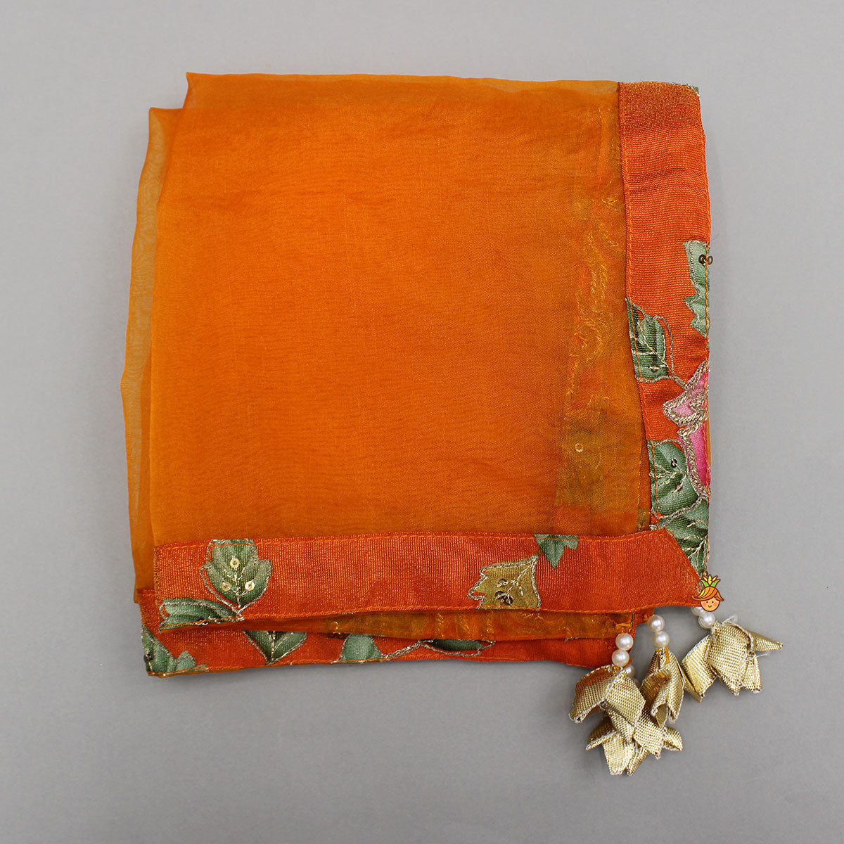Pre Order: Elegant Orange Floral Printed Top With Lehenga And Dupatta