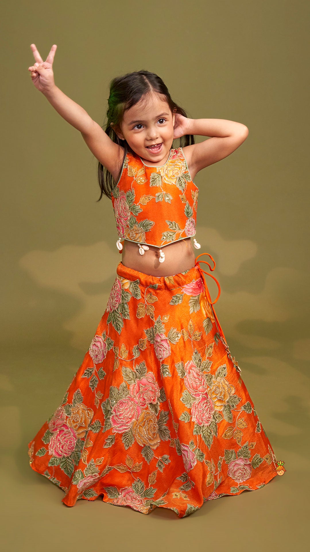 Pre Order: Elegant Orange Floral Printed Top With Lehenga And Dupatta