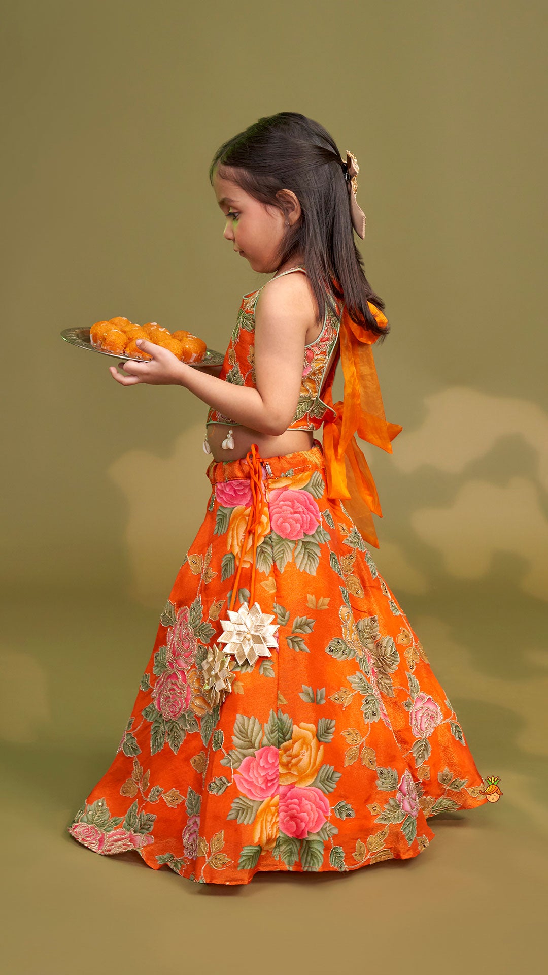 Pre Order: Elegant Orange Floral Printed Top With Lehenga And Dupatta