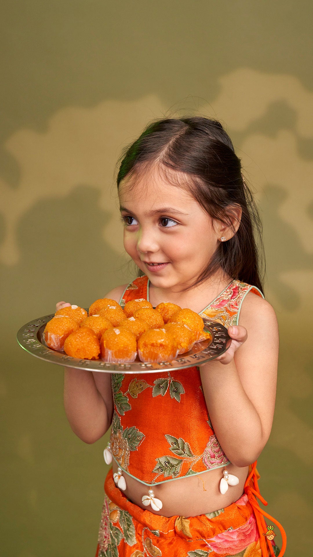 Pre Order: Elegant Orange Floral Printed Top With Lehenga And Dupatta