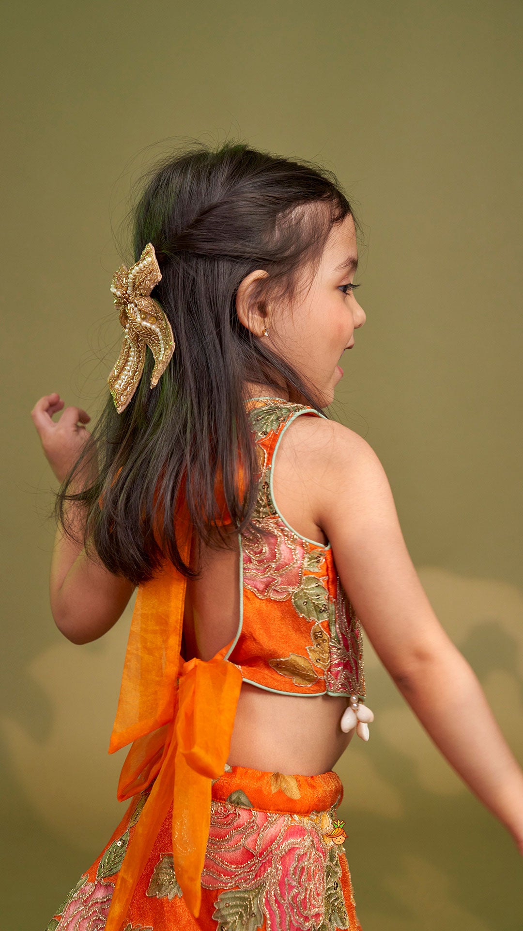 Pre Order: Elegant Orange Floral Printed Top With Lehenga And Dupatta