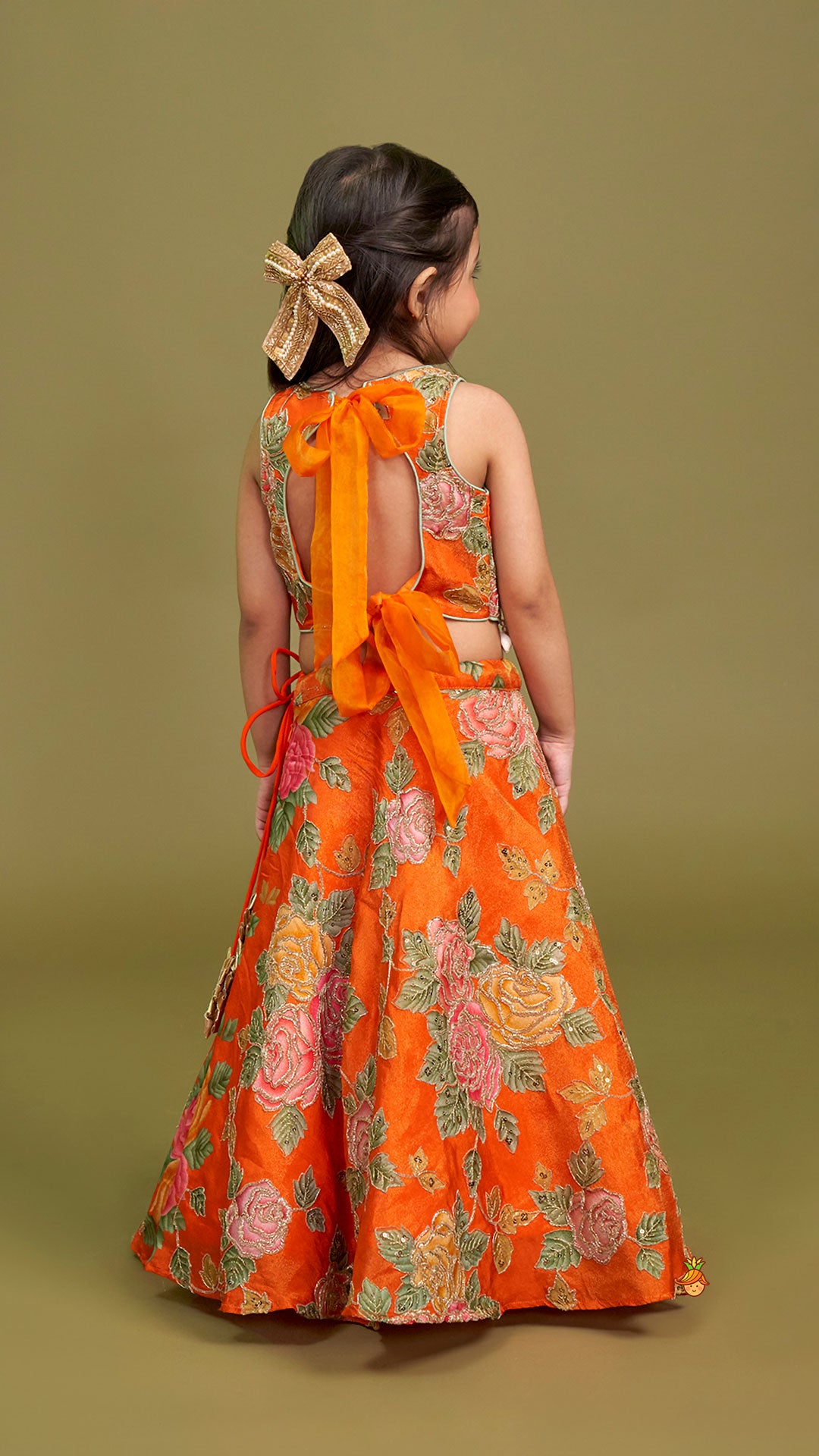 Pre Order: Elegant Orange Floral Printed Top With Lehenga And Dupatta