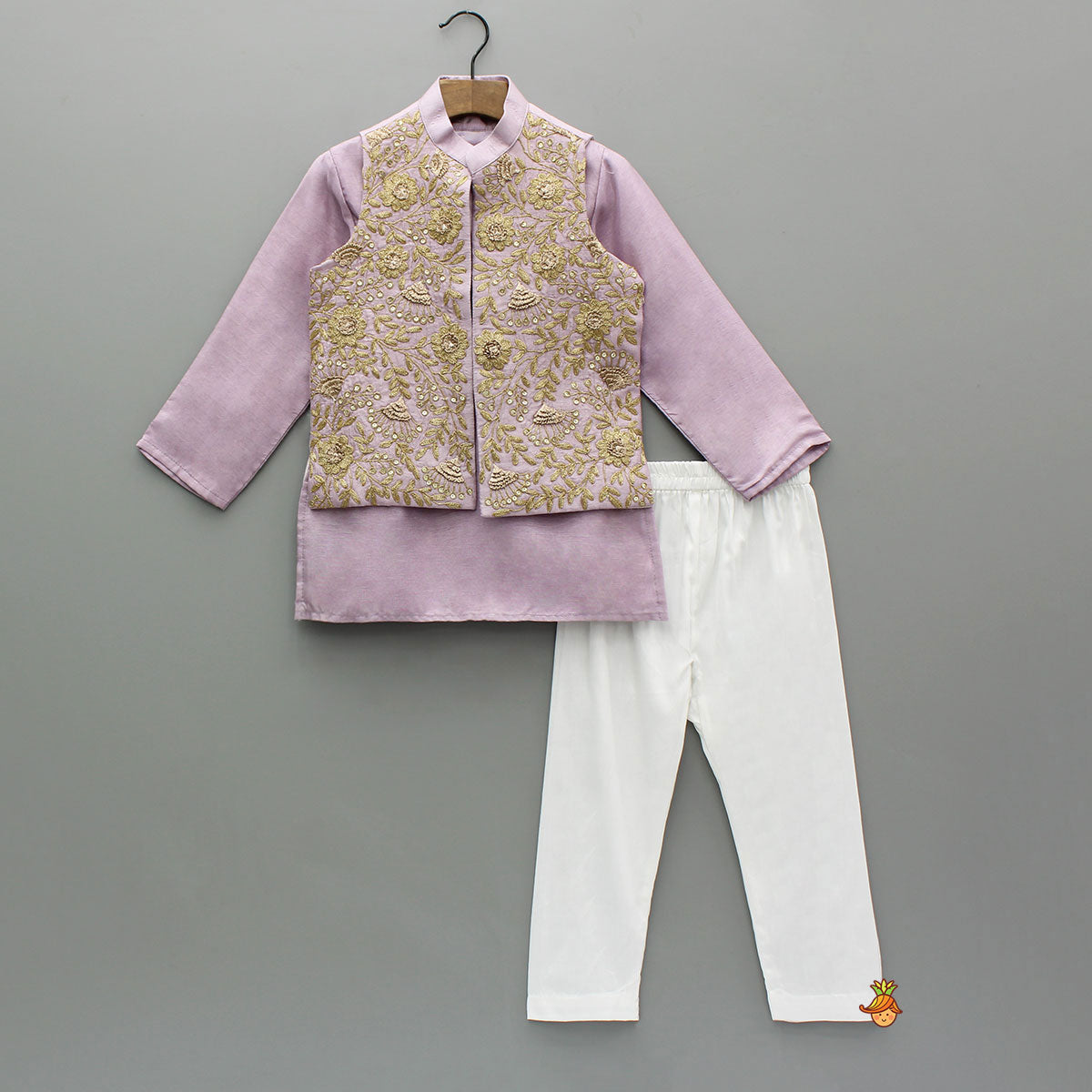 Pre Order: Stunning Ethnic Kurta With Floral Embroidered Jacket And Pyjama