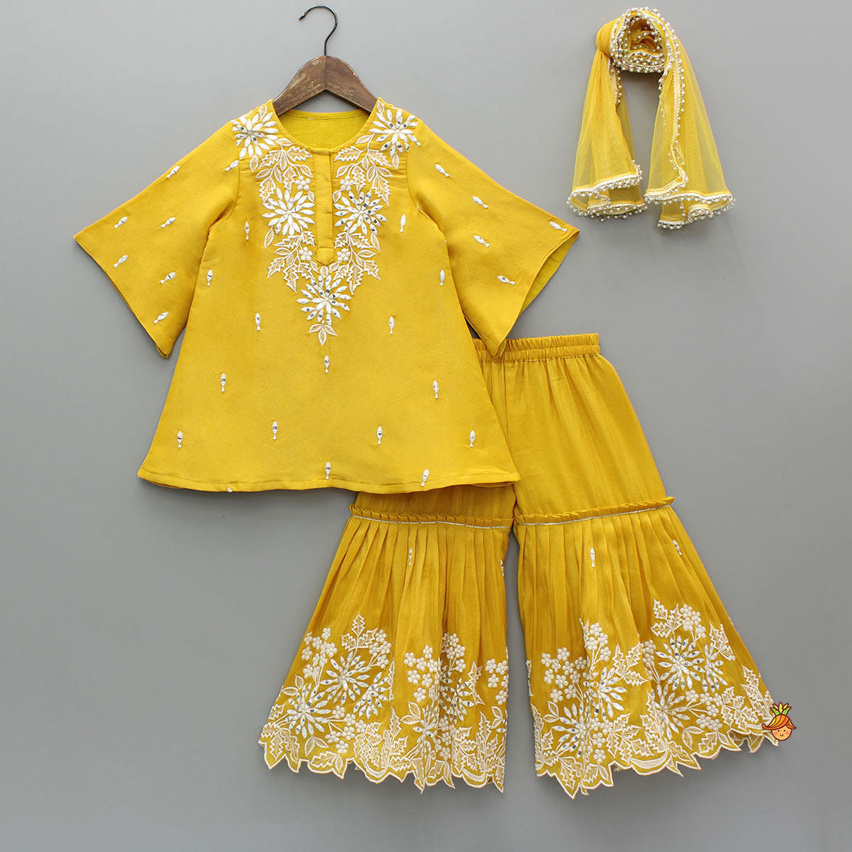 Pre Order: Shimmery Faux Mirror Embroidered Kurti With Shimmery Sharara And Dupatta