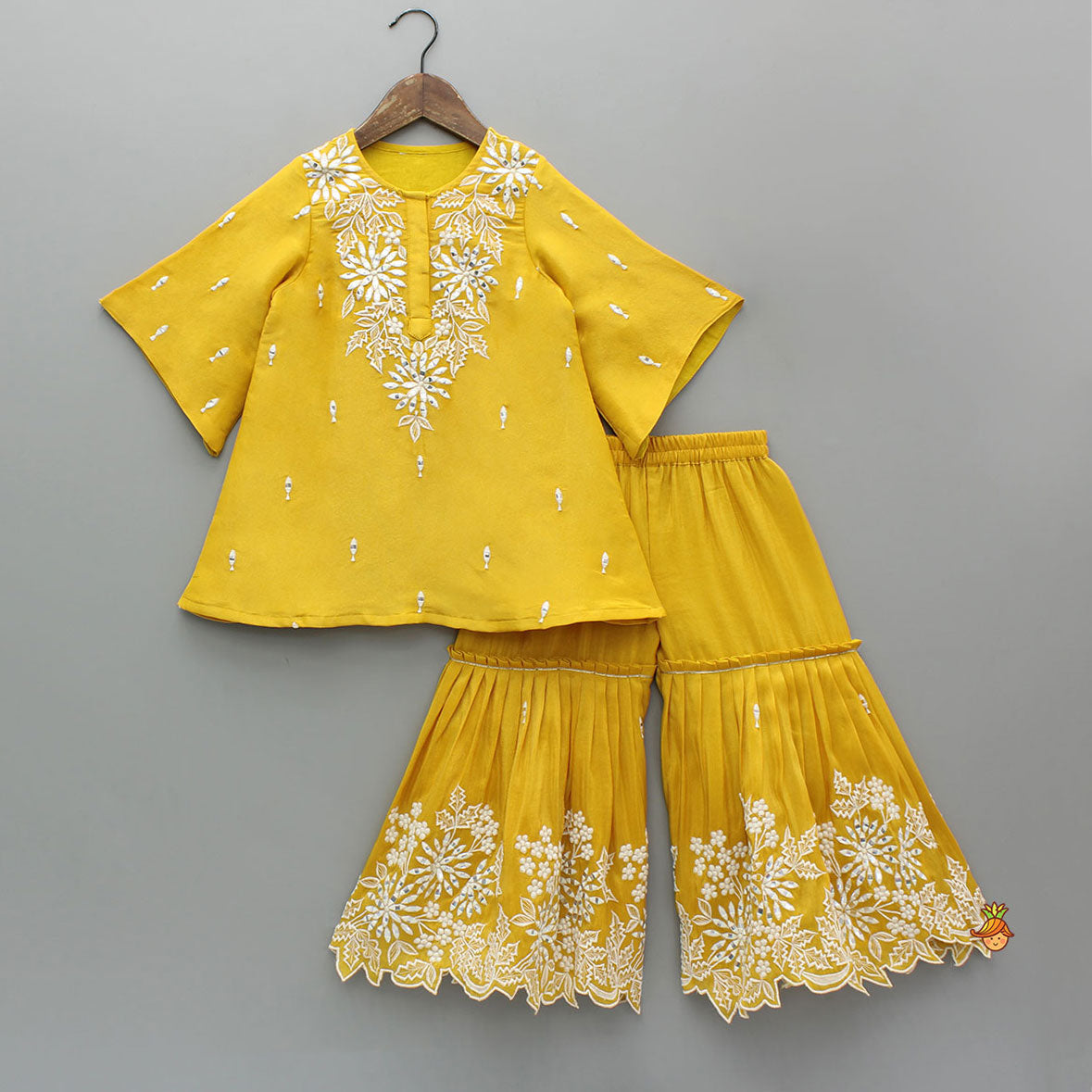 Pre Order: Shimmery Faux Mirror Embroidered Kurti With Shimmery Sharara And Dupatta