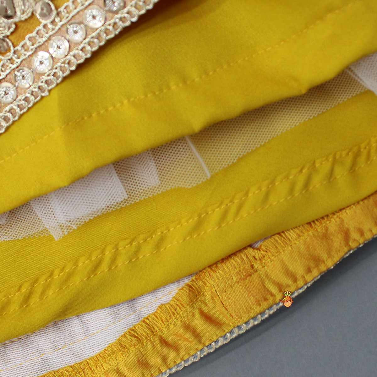 Pre Order: Open Back Halter Neck Mustard Yellow Top And Flared Lehenga With Gota Lace Detail Dupatta