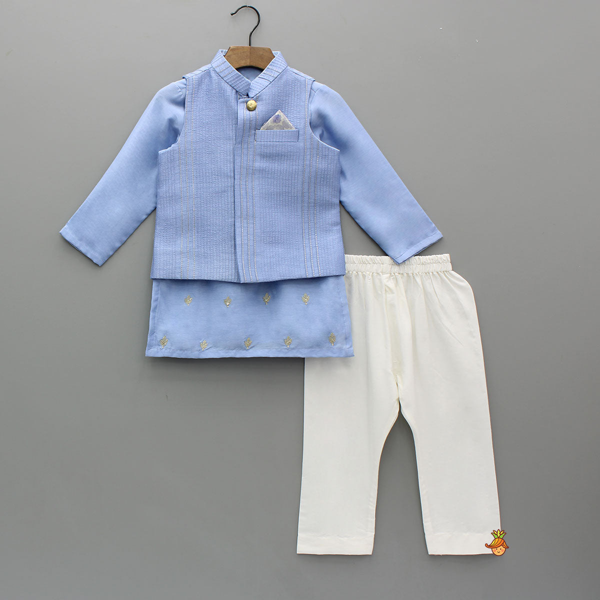 Pre Order: Ethnic Booti Detailed Kurta With Thread Work Jacket And Pyjama