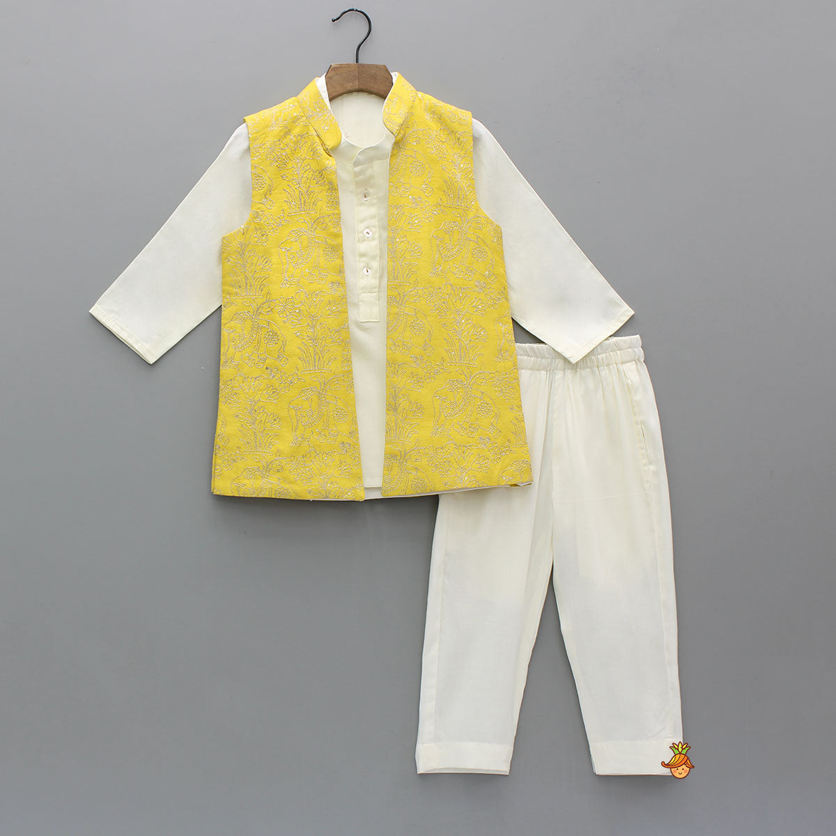 Pre Order: Off White Kurta With Ethnic Embroidered Front Open Jacket And Pyjama