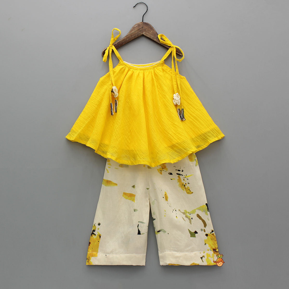 Pre Order: Yellow Flared Tie Up Top With Printed Palazzo
