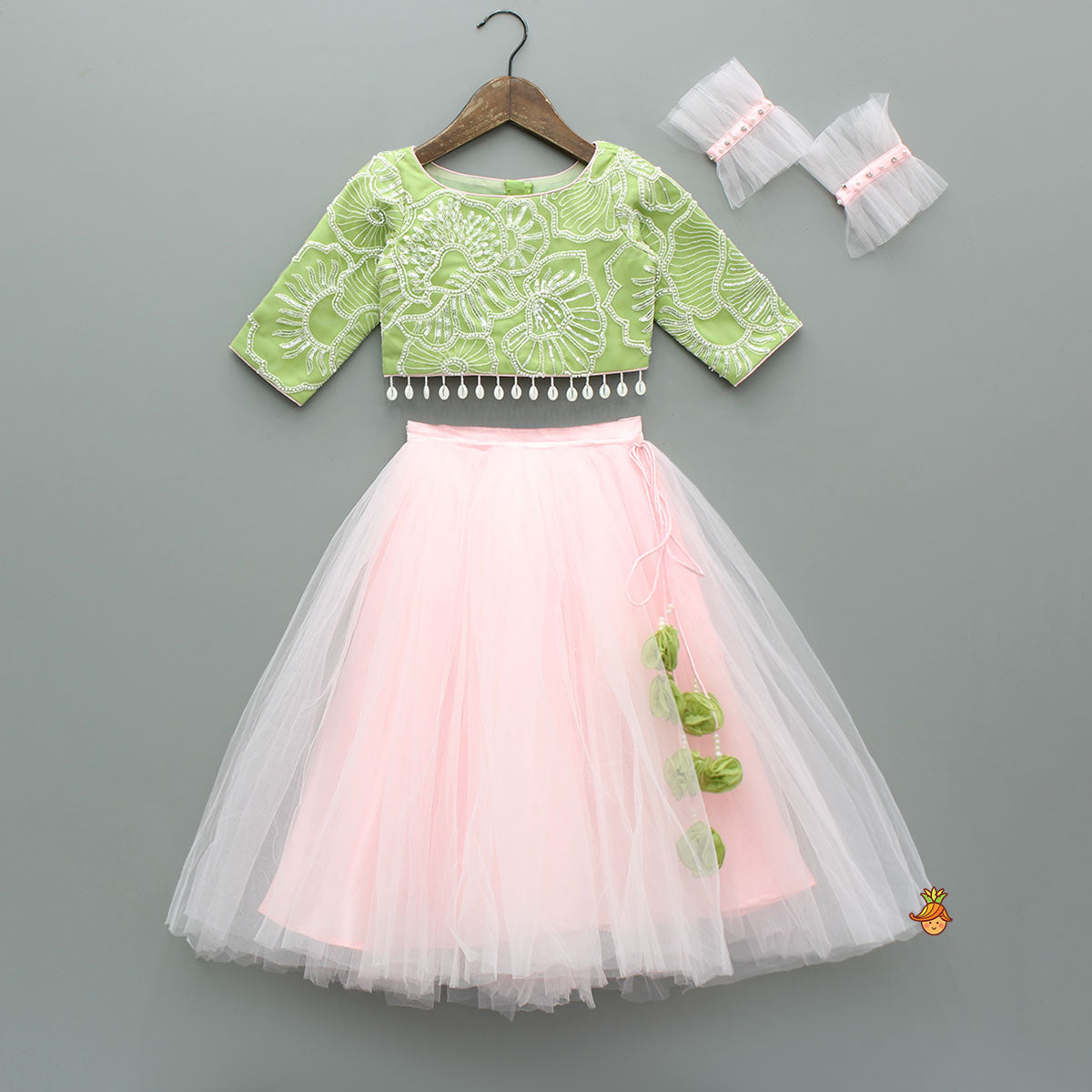 Pre Order: Adorable Floral Embroidered Top With Tulle Lehenga And Net Wrist Cuffs