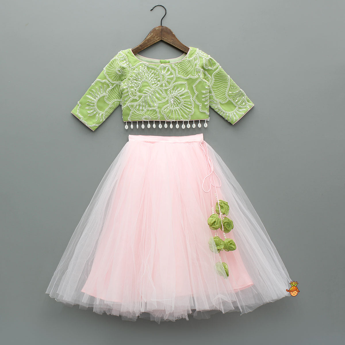 Pre Order: Adorable Floral Embroidered Top With Tulle Lehenga And Net Wrist Cuffs