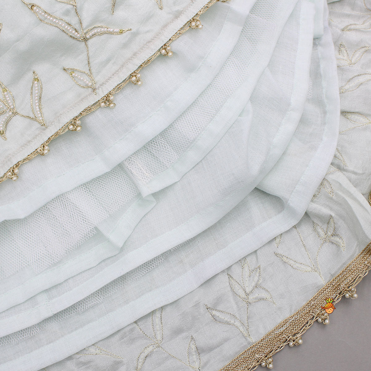 Pre Order: Elegant Floral Embroidered Pleat Detailed Top With Embroidered Lehenga