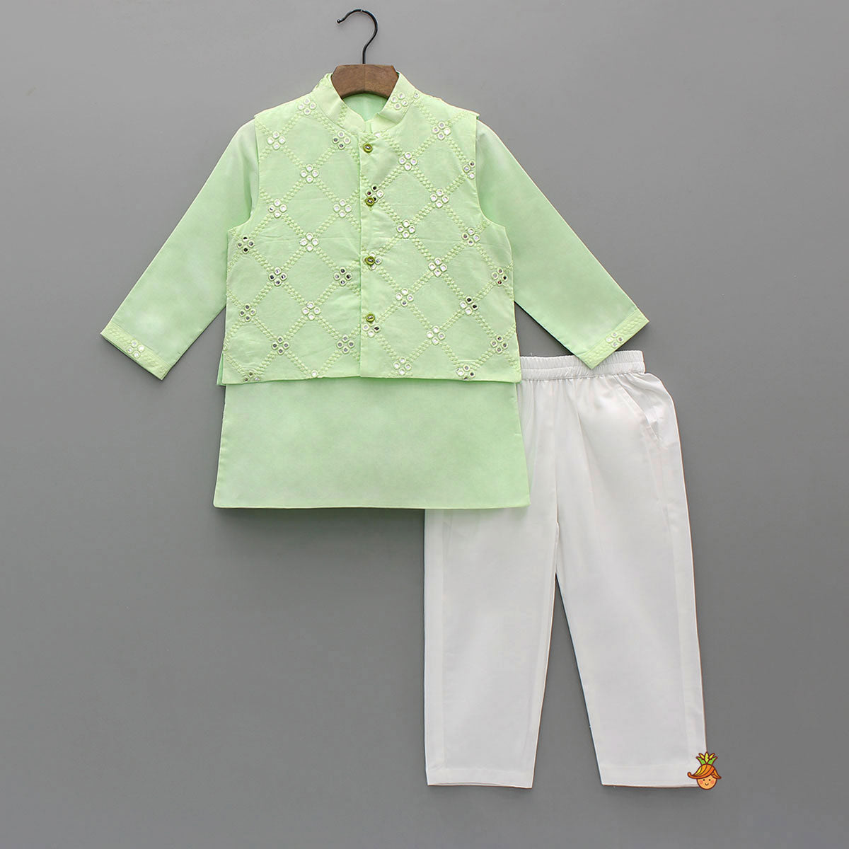 Ethnic Kurta With Faux Mirror Work Jacket And Pyjama
