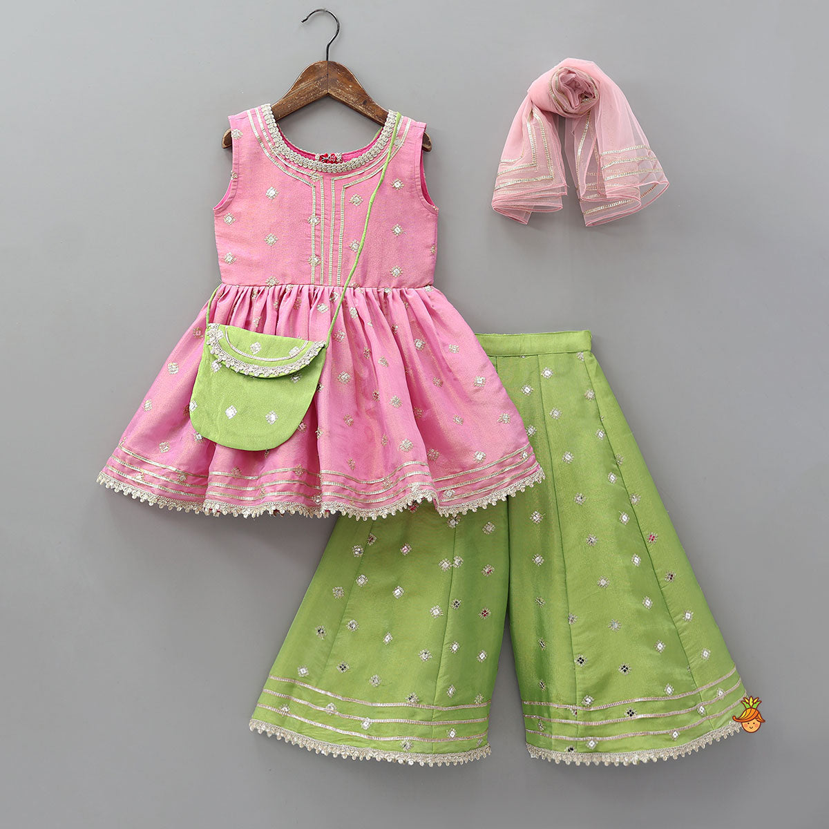 Pre Order: Beautiful Shimmery Kurti With Shimmery Palazzo And Dupatta With Sling Bag