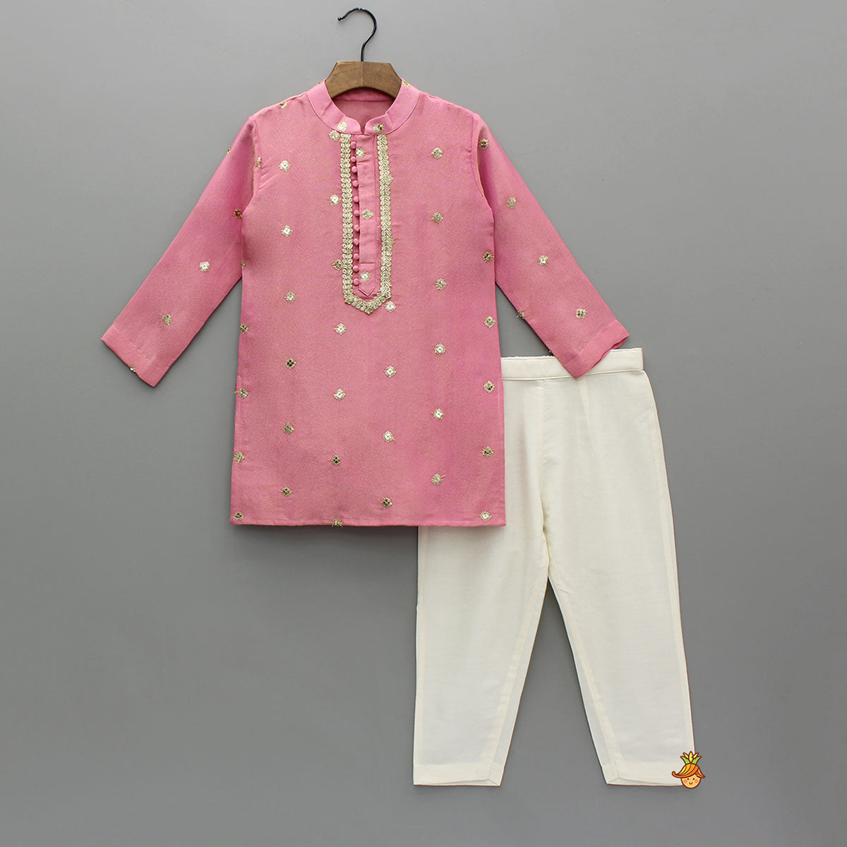 Pre Order: Shimmery Faux Mirror Embroidered Pink Kurta With Pyjama