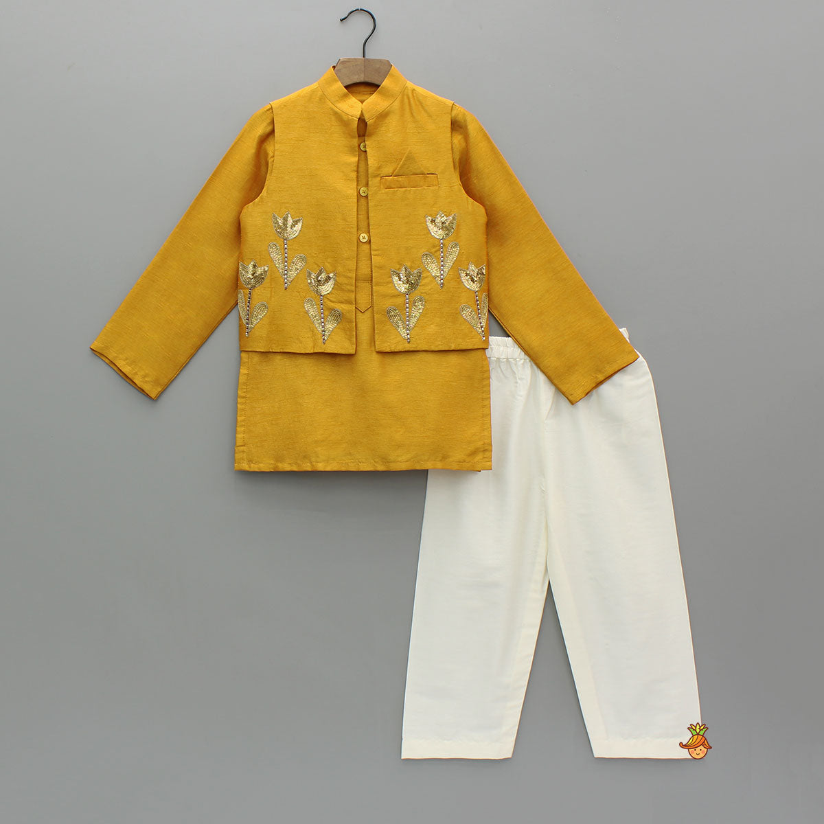 Pre Order: Ethnic Kurta With Front Open Embroidered Jacket And Pyjama