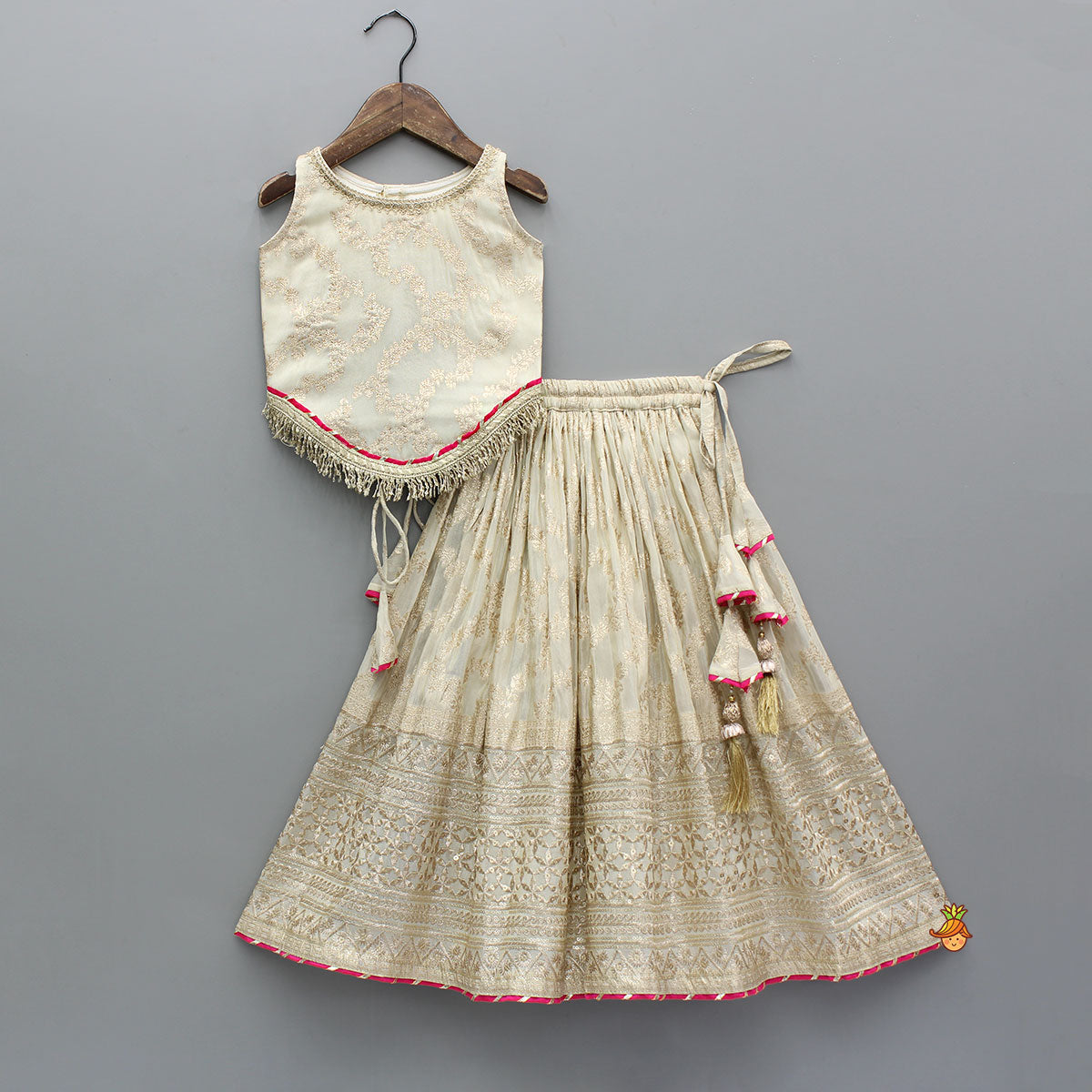 Pre Order: Lace Adorned Floral Sleeveless Top With Sequin Detailed Lehenga