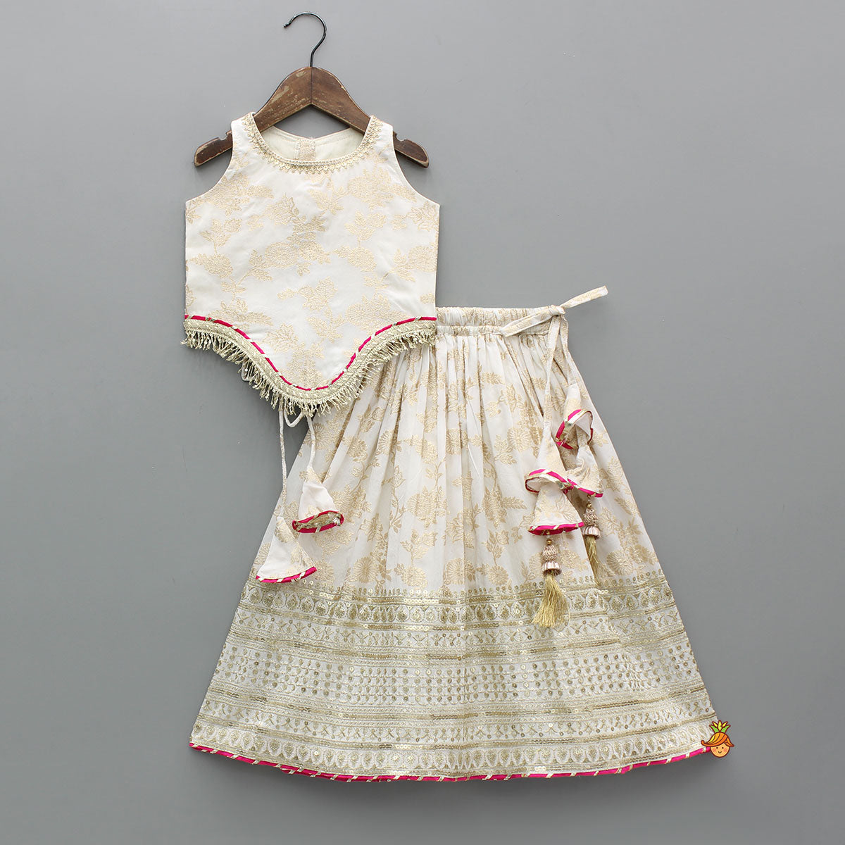 Pre Order: Lace Adorned Floral Sleeveless Top With Sequin Detailed Lehenga