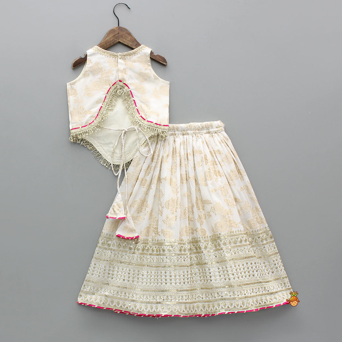 Pre Order: Lace Adorned Floral Sleeveless Top With Sequin Detailed Lehenga