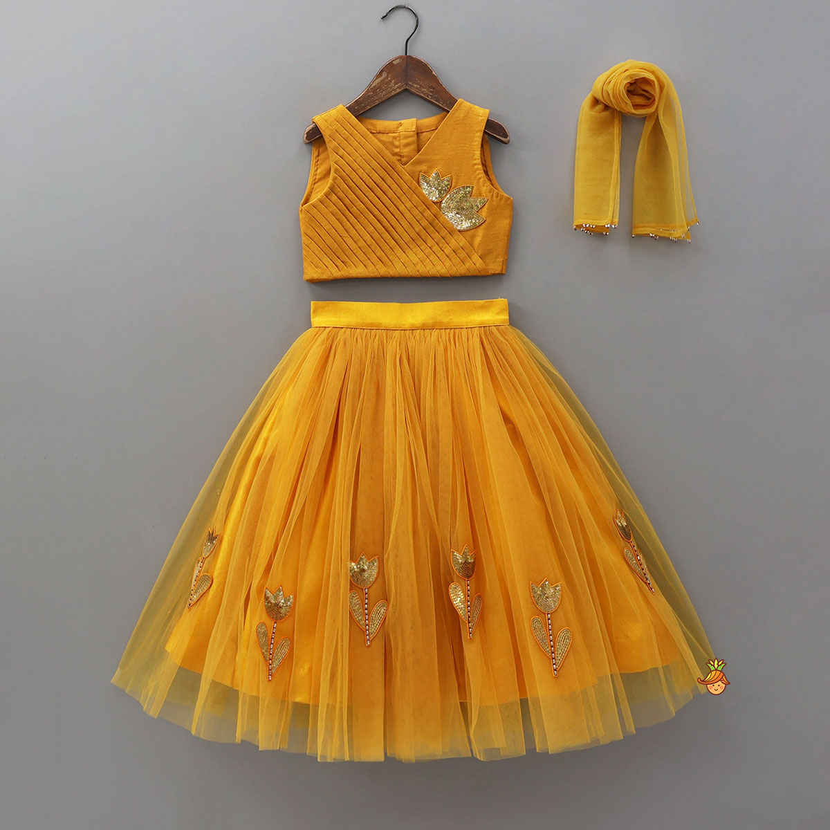 Pre Order: Sequins Embroidered Pleat Detailed Top With Tulle Lehenga And Dupatta