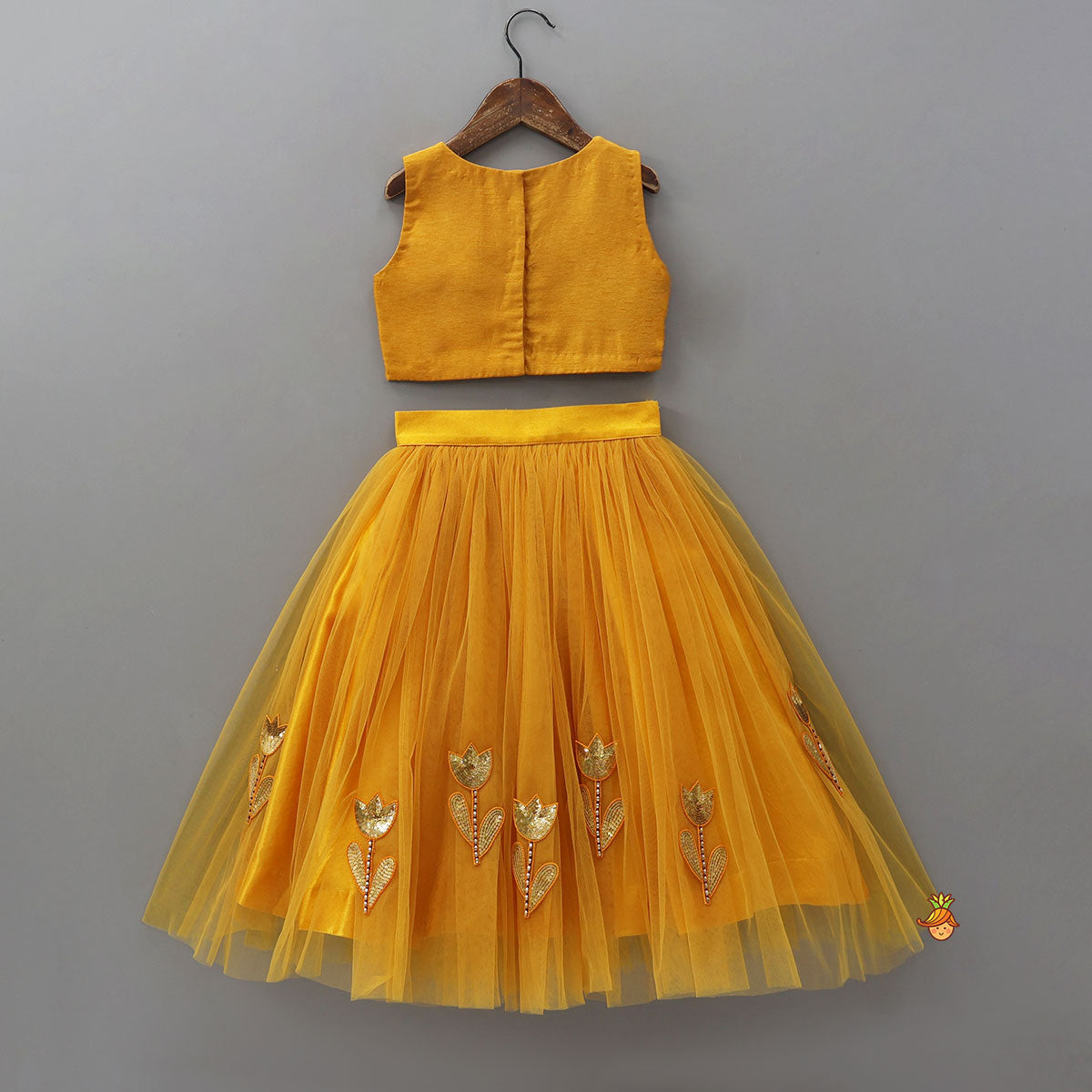 Pre Order: Sequins Embroidered Pleat Detailed Top With Tulle Lehenga And Dupatta