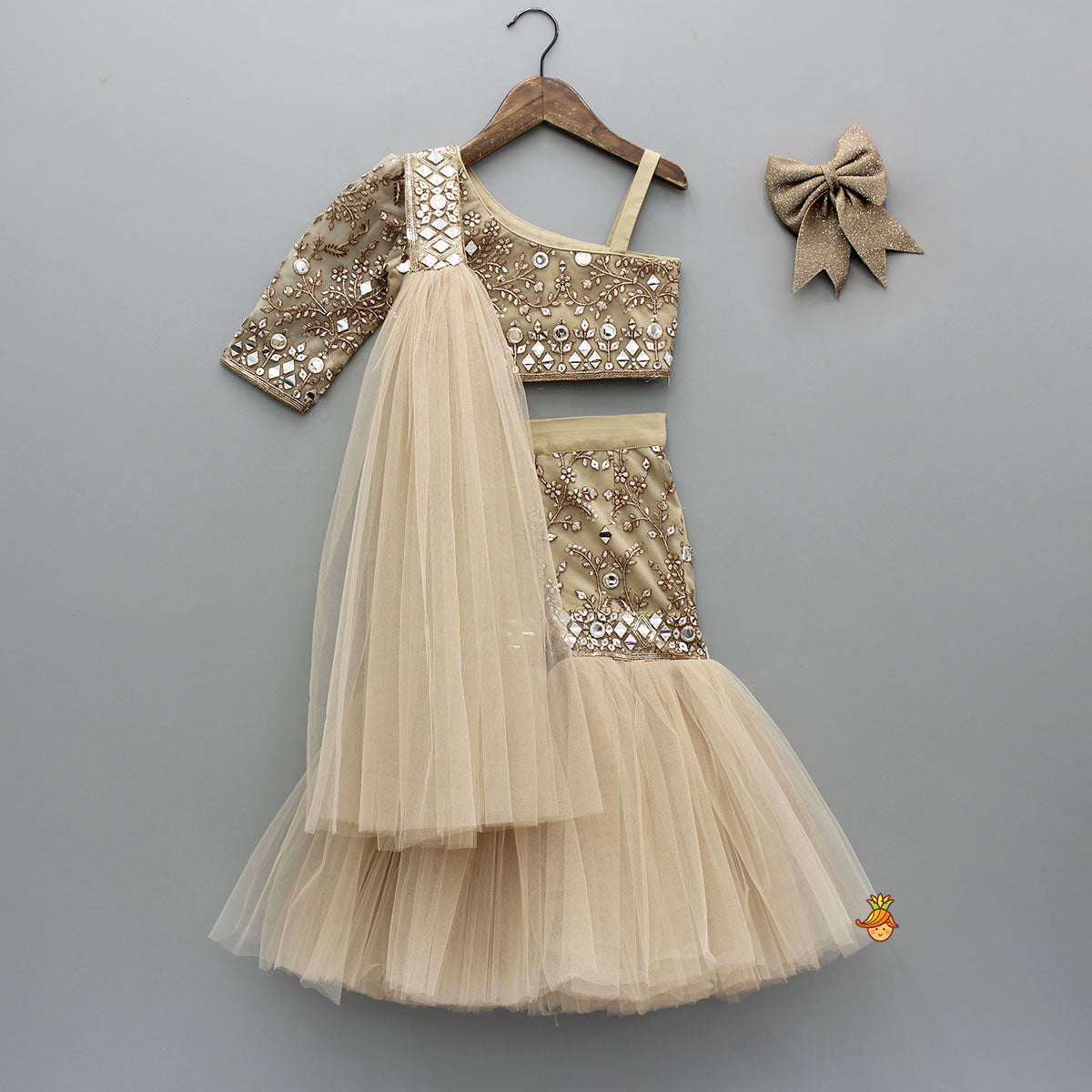 Pre Order: Stunning Faux Mirror Embroidered One Shoulder Top With Sharara And Dupatta With Bow Hair Clip