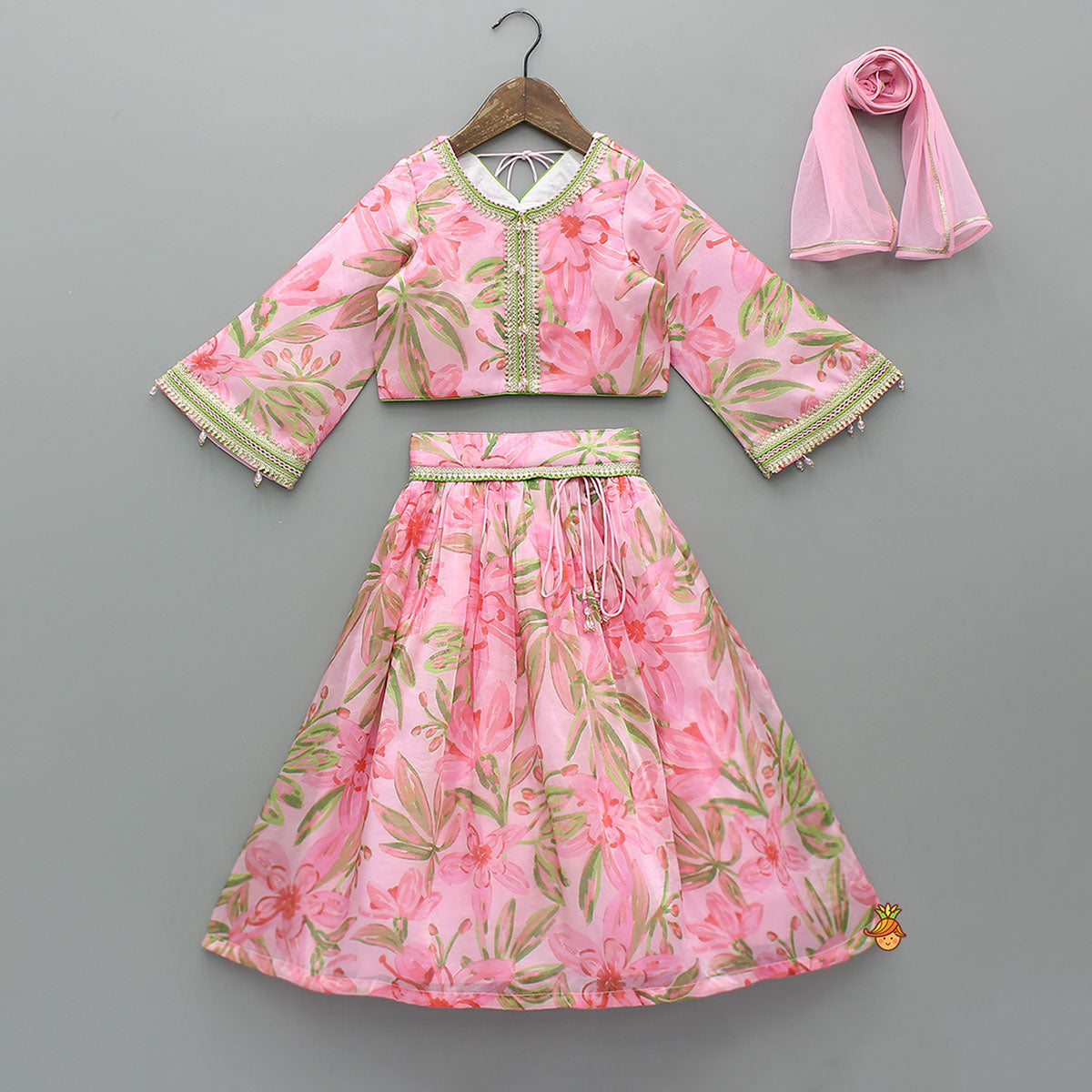 Pre Order: Floral Printed Lace Work Top With Matching Lehenga And Net Dupatta