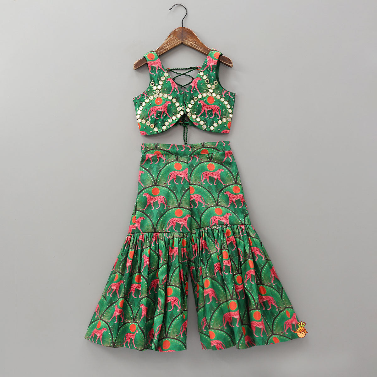 Pre Order: Green Printed Stylish Crop Top With Sharara