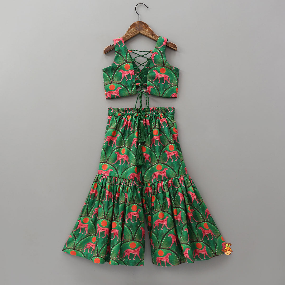 Pre Order: Green Printed Stylish Crop Top With Sharara