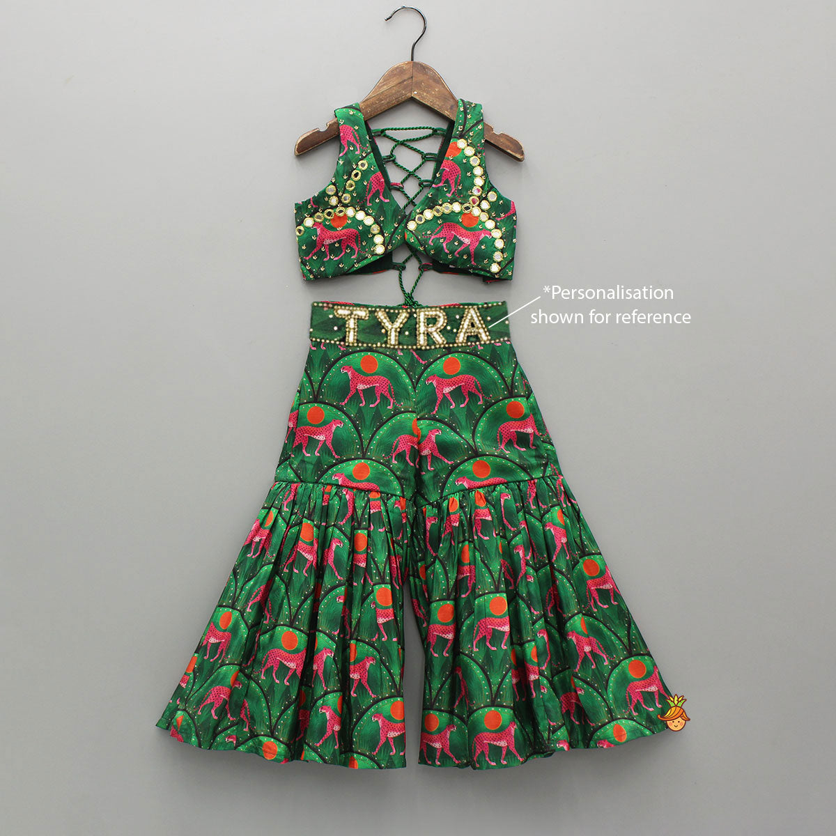 Pre Order: Green Printed Stylish Crop Top With Sharara