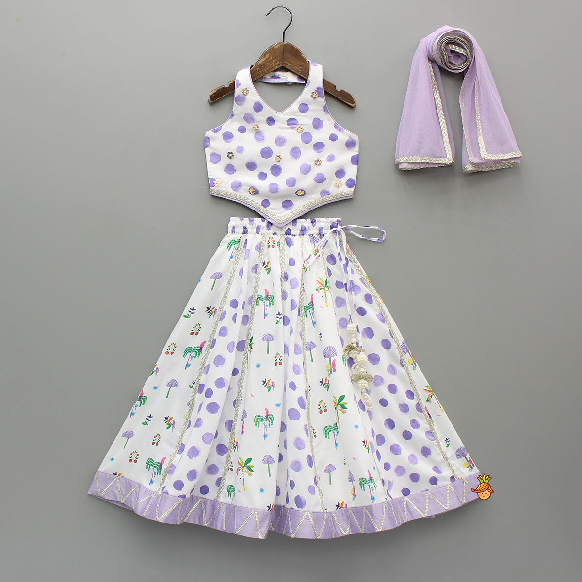 Pre Order: Watery Polka Dots Top With Matching Lehenga And Dupatta