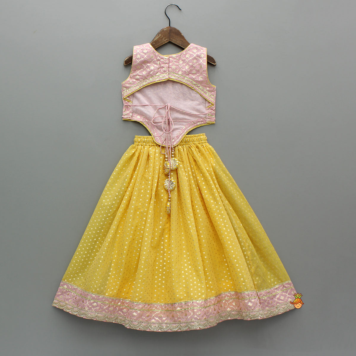 Pre Order: Pink Brocade Top With Yellow Chanderi Lehenga And Dupatta