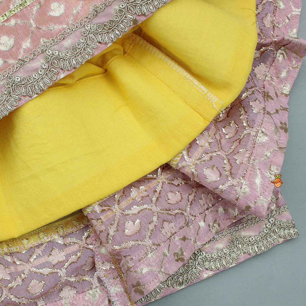 Pre Order: Pink Brocade Top With Yellow Chanderi Lehenga And Dupatta