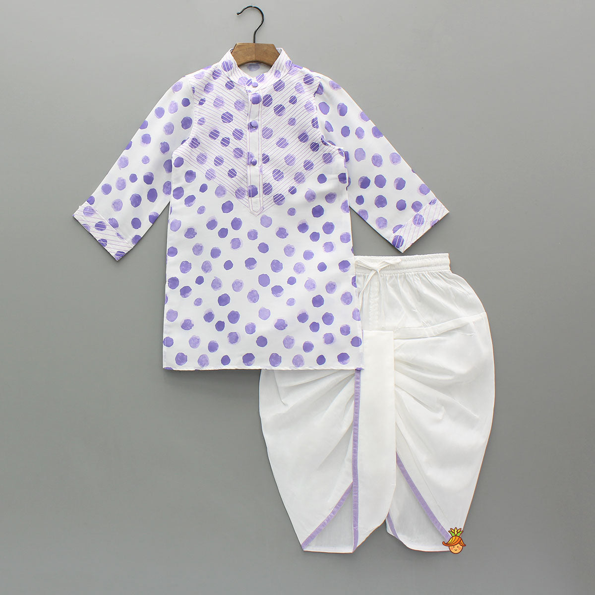 Pre Order: Thread Detailed Polka Dot Kurta With Dhoti