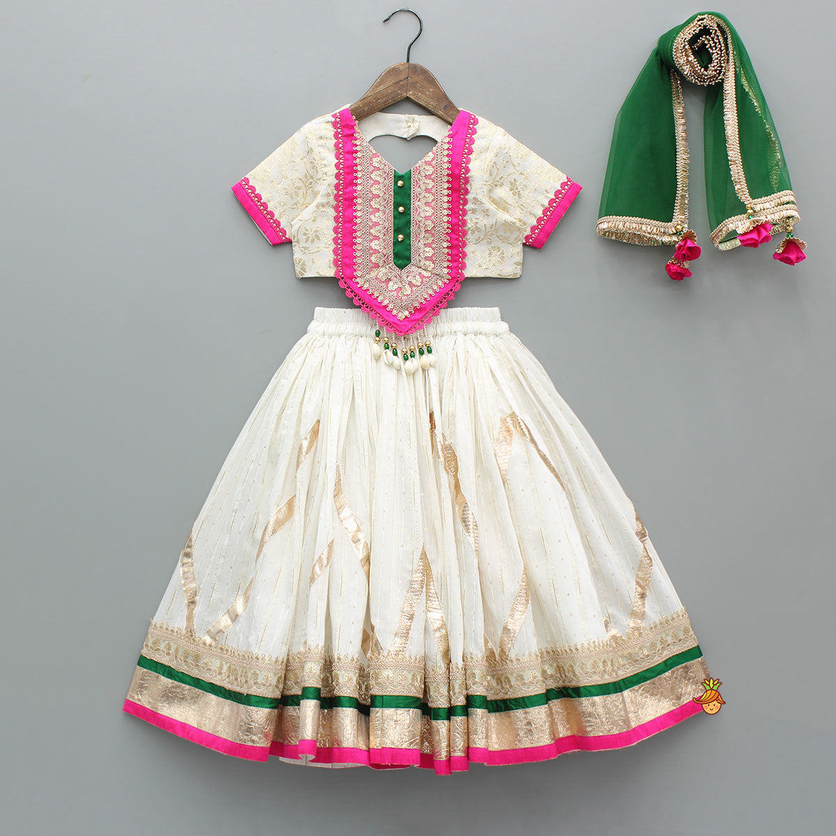 Pre Order: Off White Brocade Top With Lehenga And Dupatta