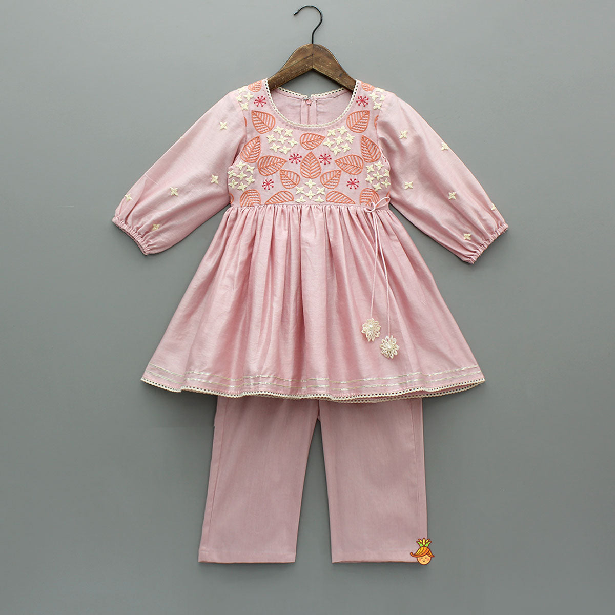 Pre Order: Thread Embroidered Pink Silk Kurti And Pant