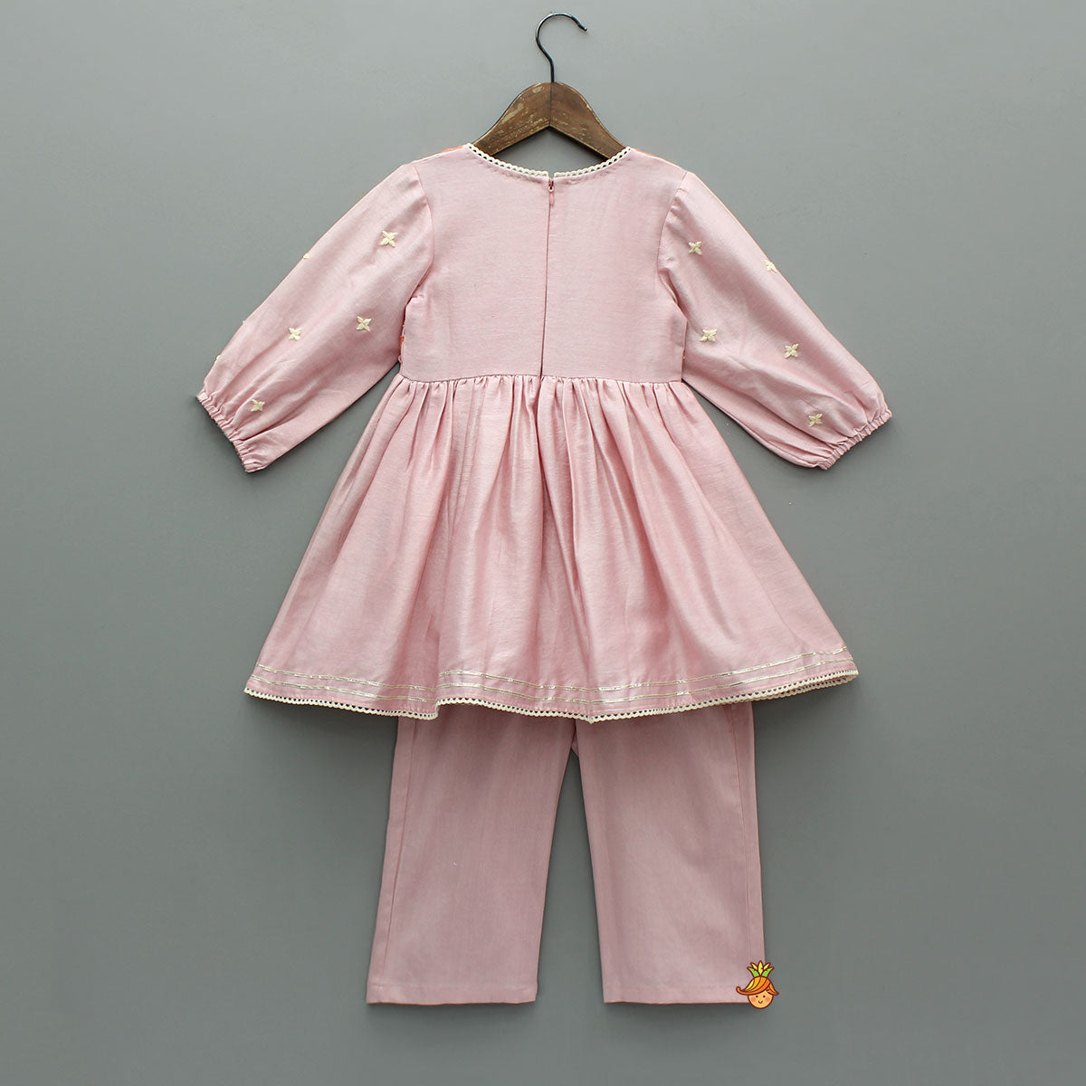 Pre Order: Thread Embroidered Pink Silk Kurti And Pant