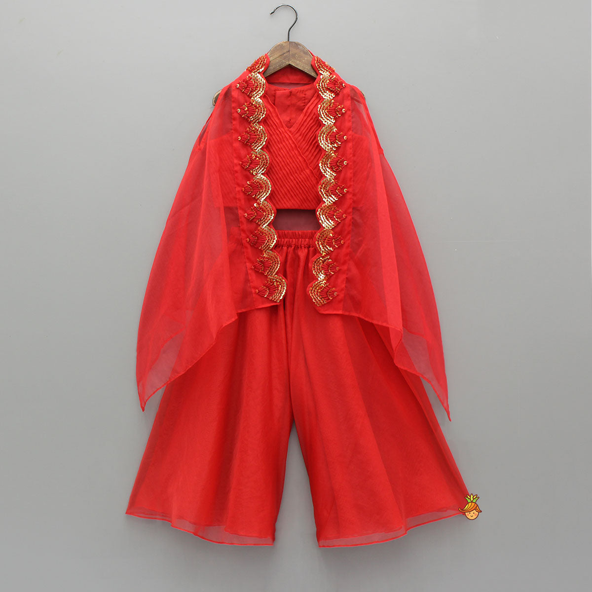 Pre Order: Gorgeous Sleeveless Pin Tuck Detailed Top With Embroidered Cape And Palazzo