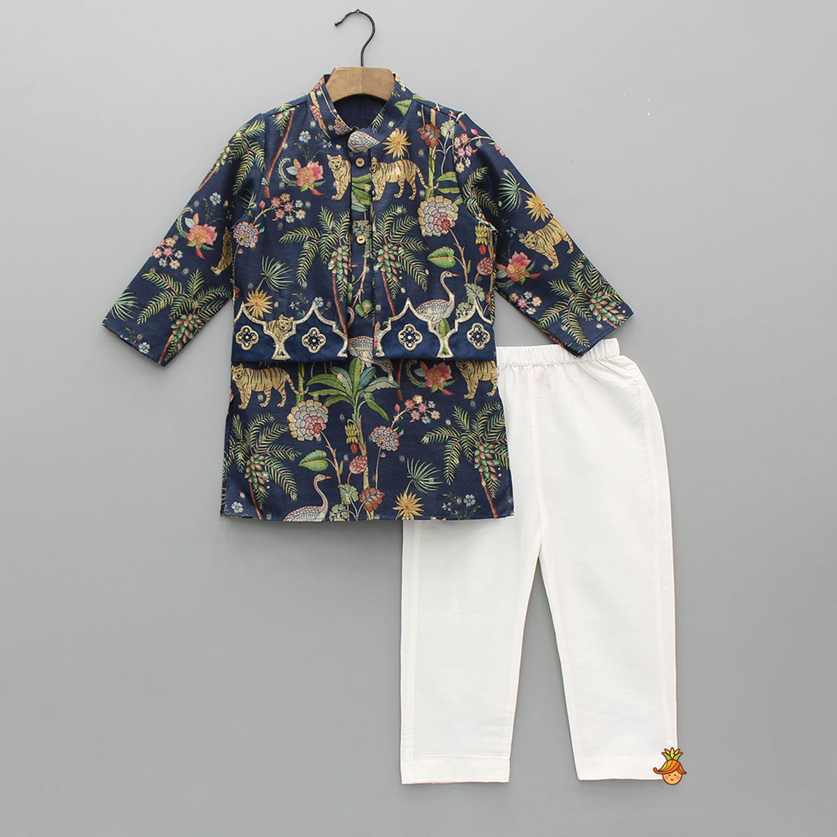 Pre Order: Jungle Printed Jacket Style Kurta With Pyjama