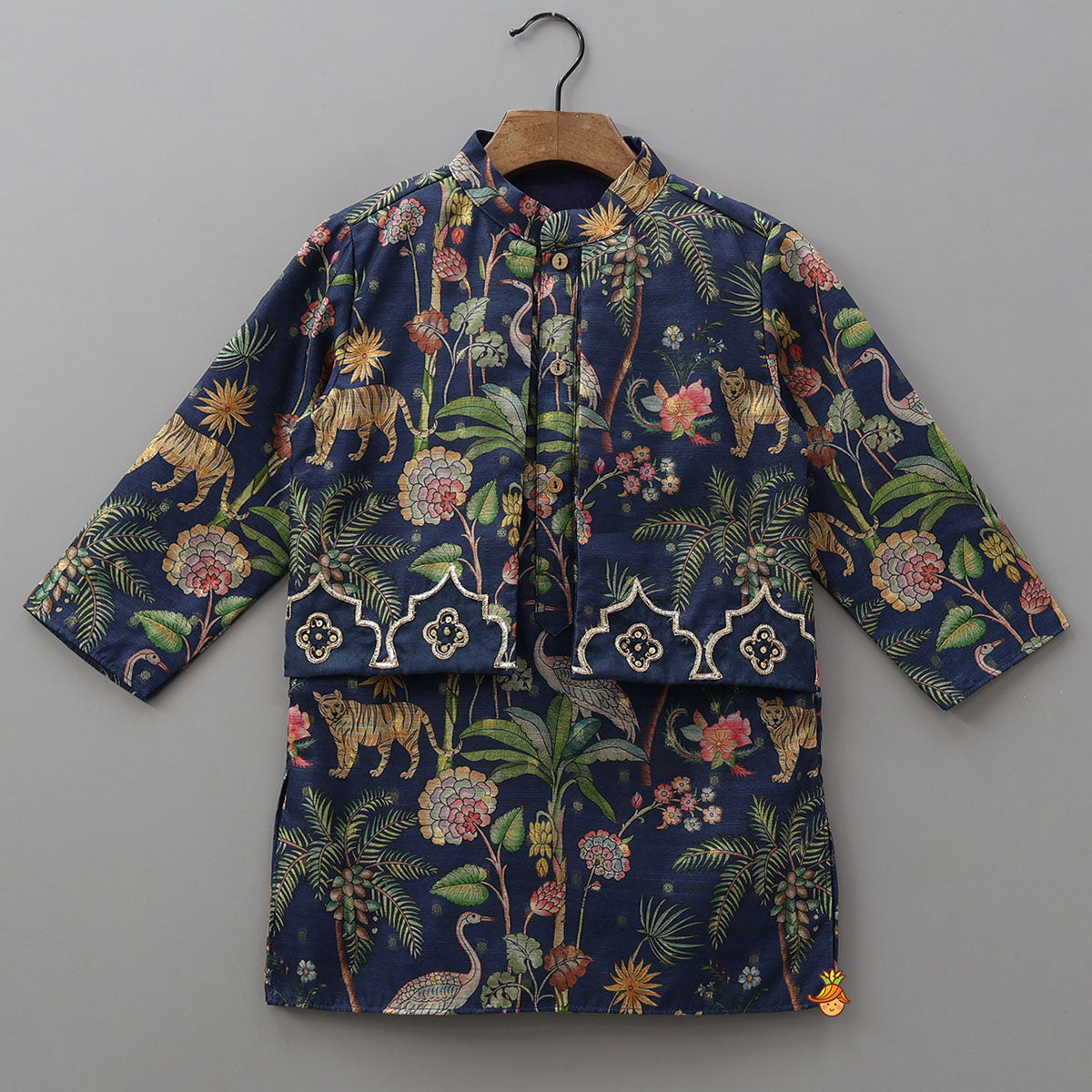 Pre Order: Jungle Printed Jacket Style Kurta With Pyjama