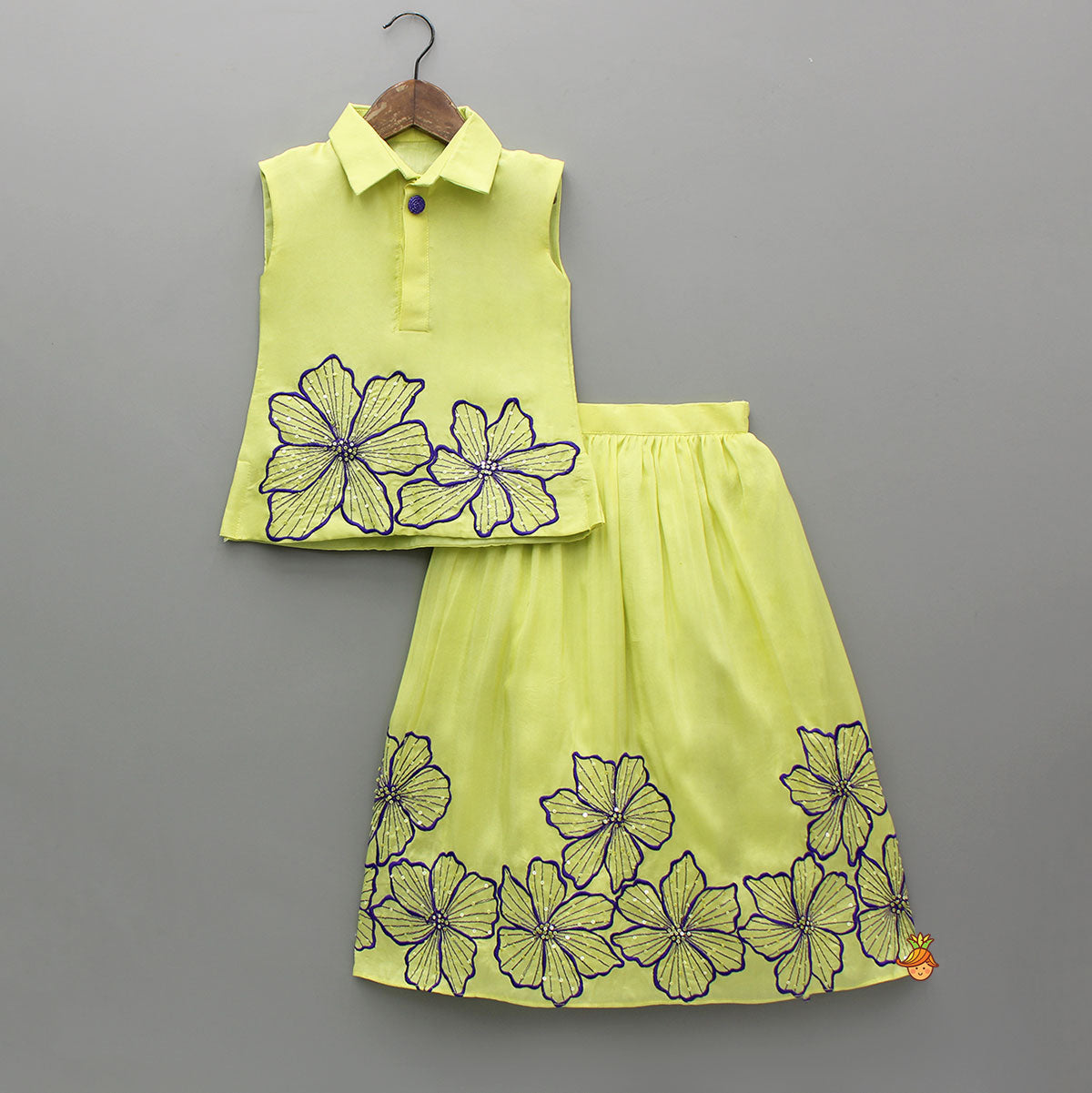 Pre Order: Floral Embroidered Shirt Style Top With Matching Lehenga