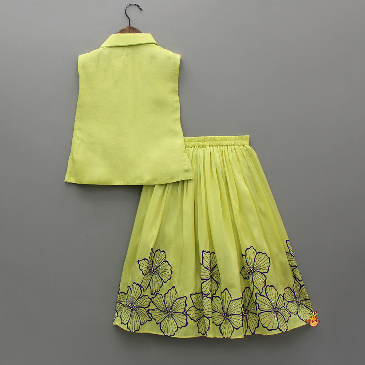 Pre Order: Floral Embroidered Shirt Style Top With Matching Lehenga