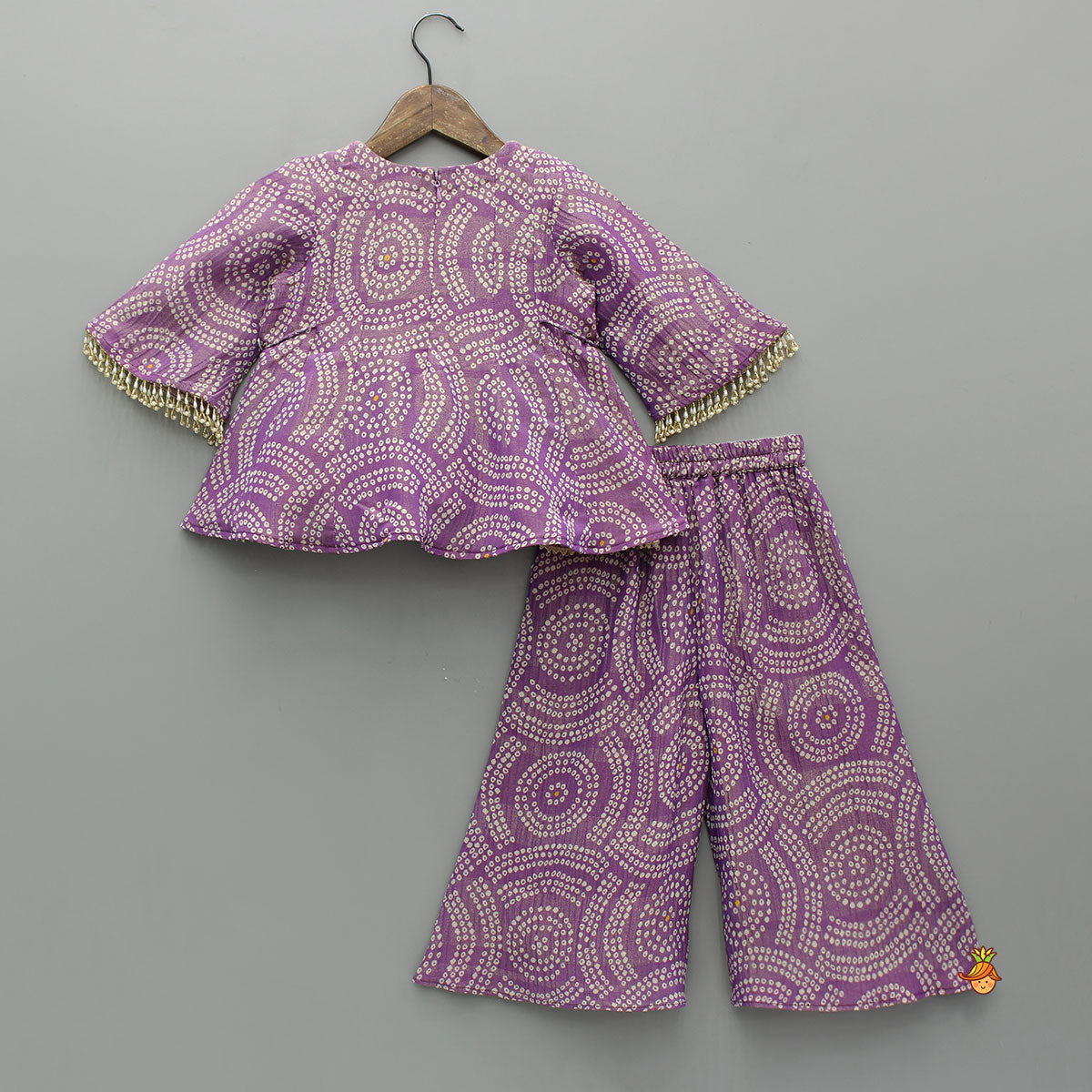 Pre Order: Side Knot-Detail Bandhani Printed Shimmer Top And Palazzo
