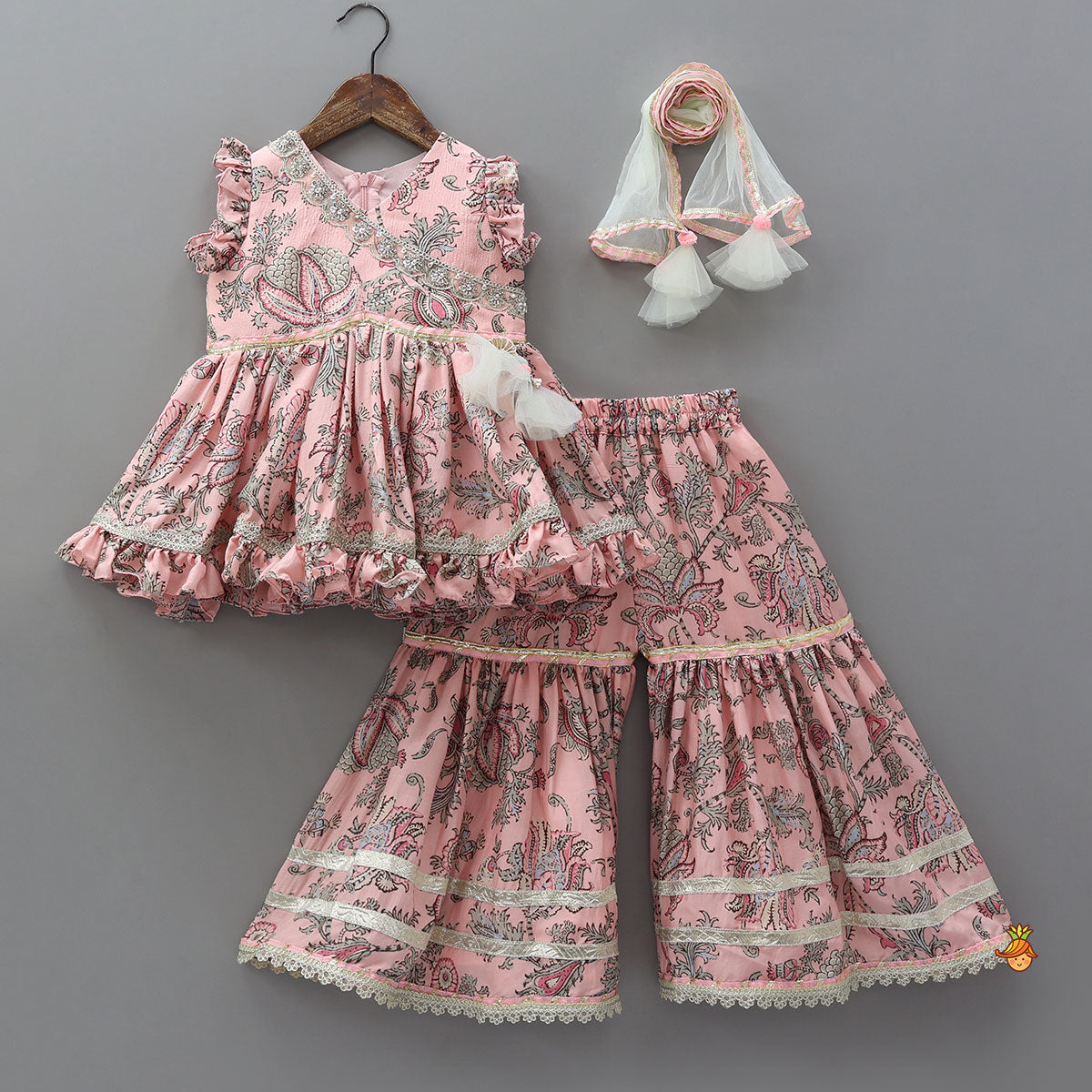 Pre Order: Printed Kurti With Sharara And Dupatta