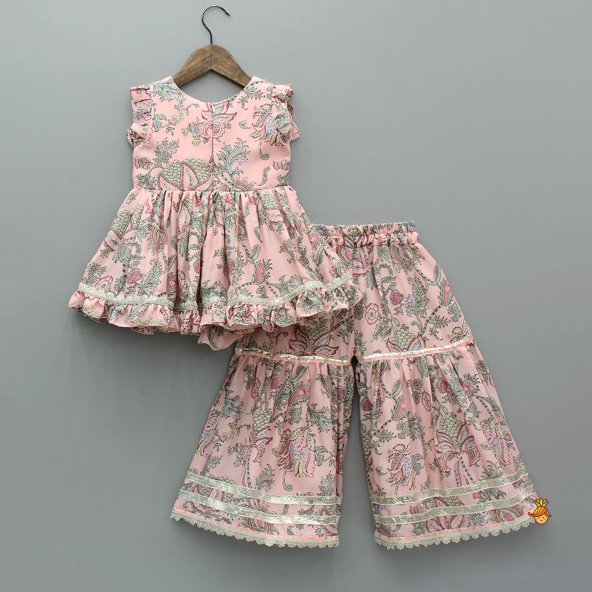 Pre Order: Printed Kurti With Sharara And Dupatta