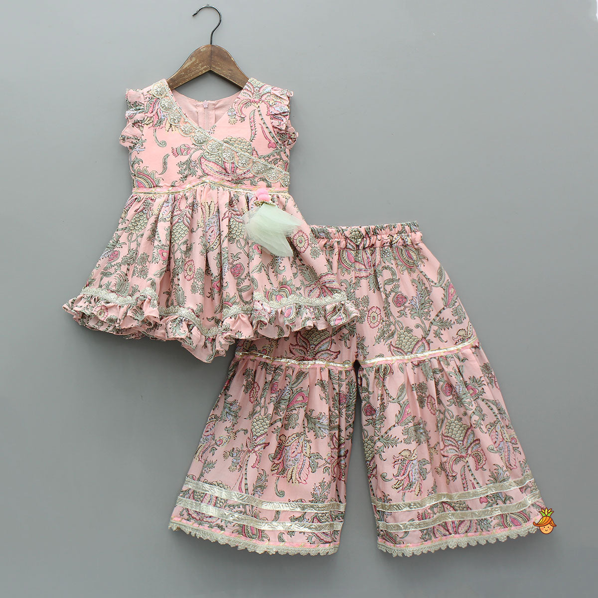 Pre Order: Printed Kurti With Sharara And Dupatta