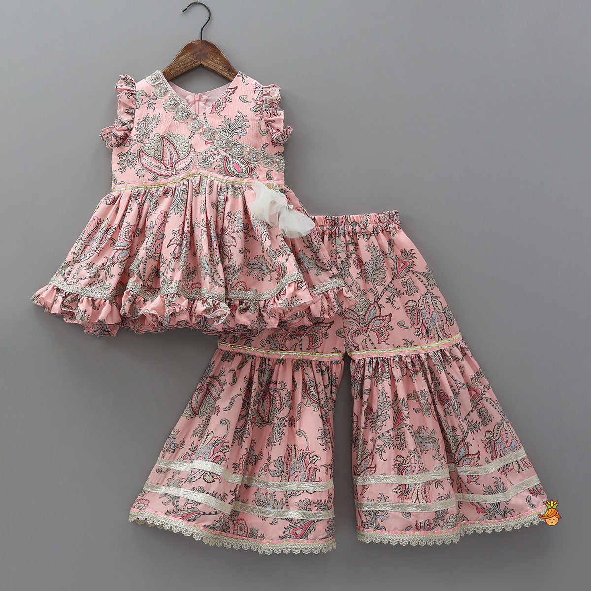 Pre Order: Printed Kurti With Sharara And Dupatta
